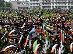 合肥暫扣萬輛共享單車，堆積如山引發密集恐懼